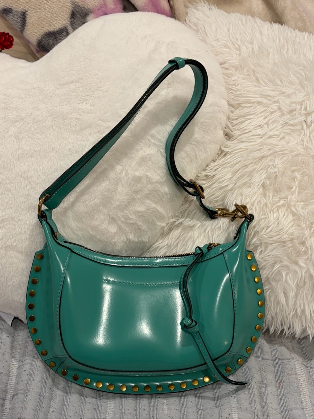 Isabel Marant Oskan Moon Studded Leather Shoulder Bag Dusty Green - Picture 2 of 6